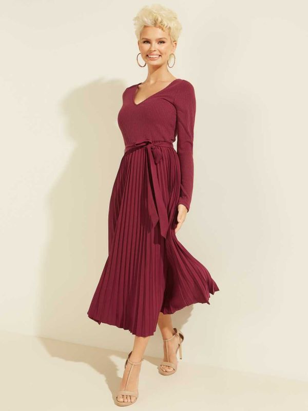 Dark Red Women's Guess Eco Erynn Pleated Long-Sleeve Dresses Australia Sale | 102ZDBYAC