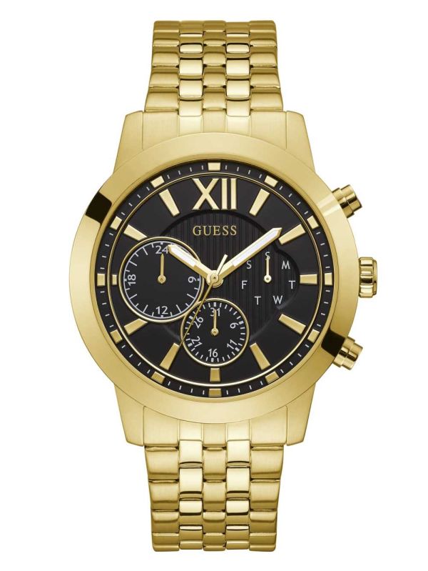 Gold Men's Guess Black Gold-Tone Multifunction Watches Australia Sale | 546BWRDYX