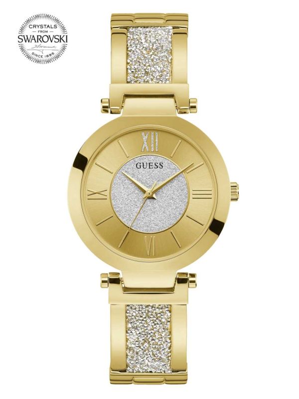 Gold Women's Guess Gold-Tone Crystal Bangle Analog Watches Australia Sale | 025PHKFGT