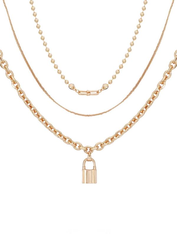 Gold Women's Guess Gold-Tone Lock Layered Necklace Australia Sale | 630JTVEAX