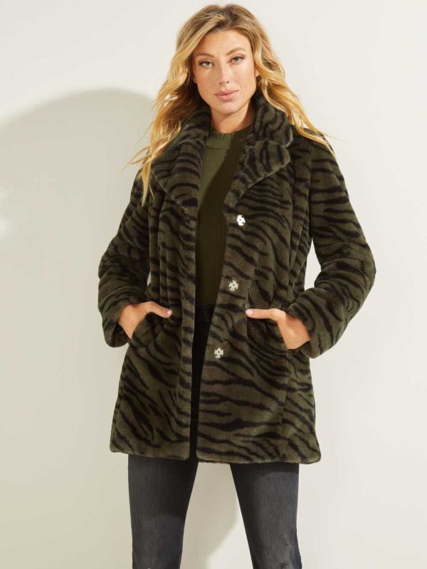 Green Black Women's Guess Federica Faux-Fur Coats Australia Sale | 752JSWEOP