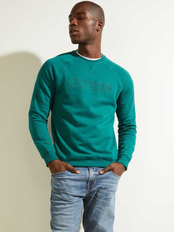 Green Men's Guess Aldwin Crewneck Sweatshirt Australia Sale | 984OSFZIM