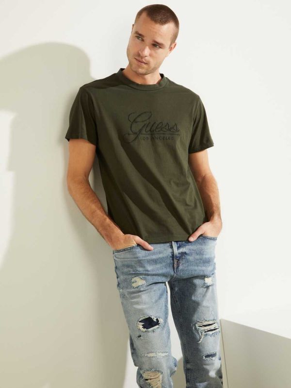 Green Men's Guess Classical Embroidered Logo T-shirt Australia Sale | 890TEUCIK