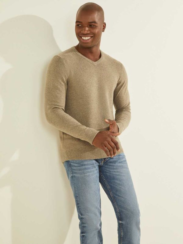 Green Men's Guess Esmere Wool-Blend V-Neck Sweaters Australia Sale | 294MHUBVW