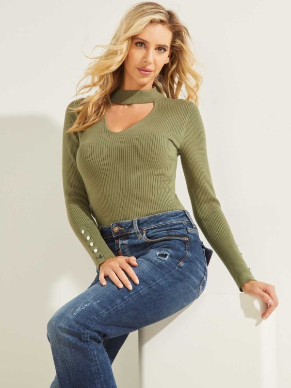 Green Women's Guess Brianna Button Cuff Sweaters Australia Sale | 401TODGVW