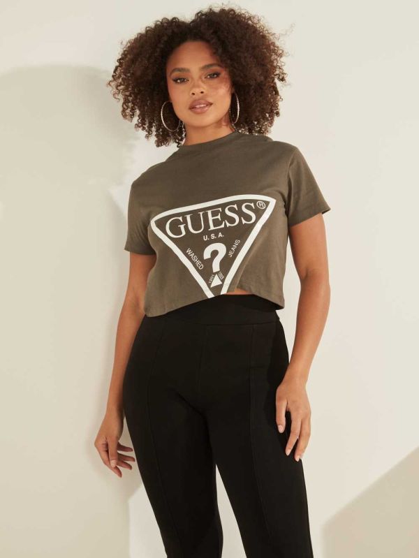 Green Women's Guess Cropped Logo T-shirt Australia Sale | 179HDPNXE