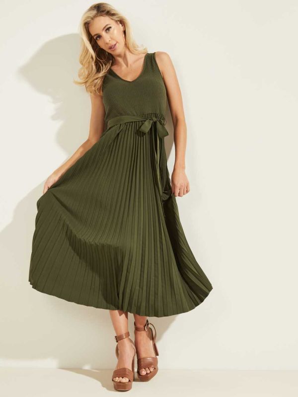 Green Women's Guess Erynn Pleated Dresses Australia Sale | 724IGXHLD