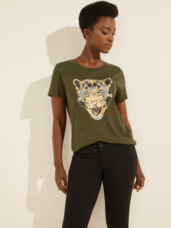 Green Women's Guess Leopard Bling T-shirt Australia Sale | 781MWHYVC