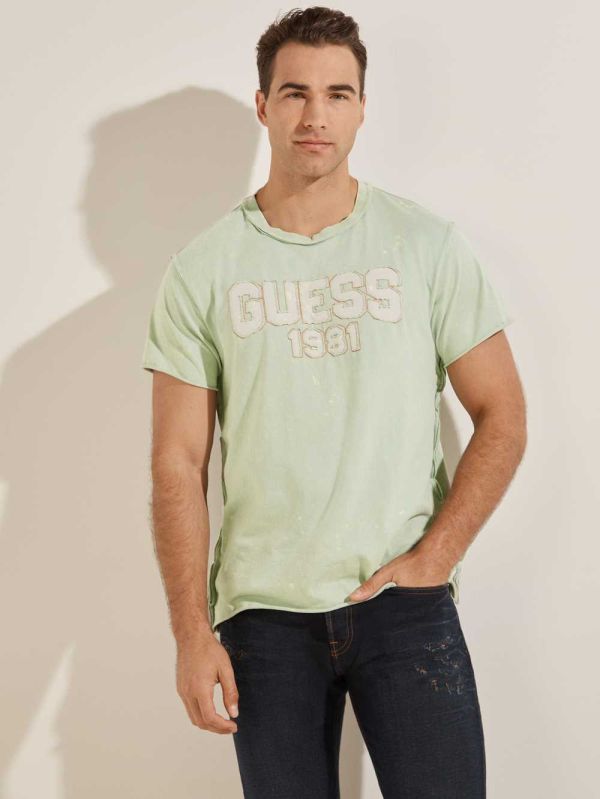 Grey Men's Guess Eco Raw Patchwork Logo T-shirt Australia Sale | 917PSTQHU