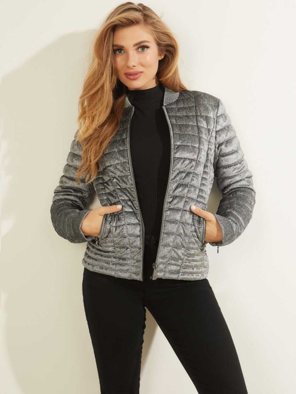 Grey Women's Guess Vera Velvet Quilted Jackets Australia Sale | 025GWYTLJ