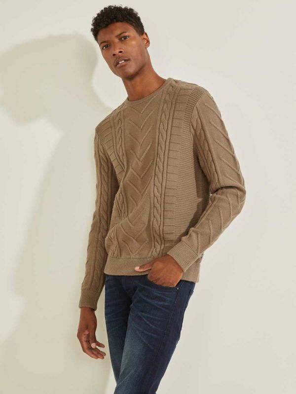 Khaki Men's Guess Liam Mixed Cable Sweaters Australia Sale | 875RNDMHC