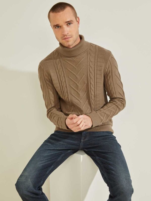 Khaki Men's Guess Liam Mixed Cable Turtleneck Sweaters Australia Sale | 351KBZRUX