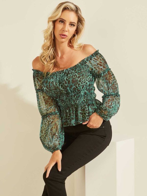 Leopard Women's Guess Eco Simi Off-the-Shoulder Top Tops Australia Sale | 801LIUCNB