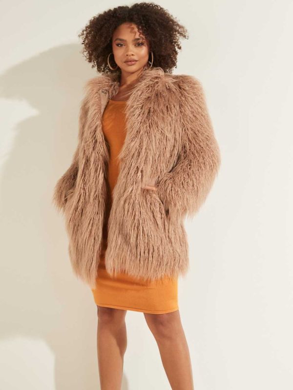 Light Coffee Women's Guess Maurizia Shaggy Faux-Fur Coats Australia Sale | 841CJXASV