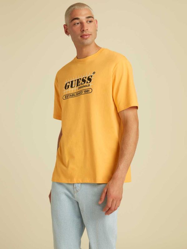 Mango Yellow Men's Guess Originals Grid T-shirt Australia Sale | 934QTBGZC