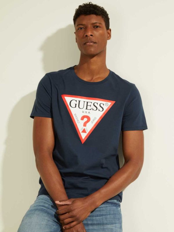 Navy Men's Guess Classic Logo T-shirt Australia Sale | 096NABYGD