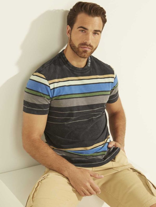 Navy Men's Guess Eli Acid Wash Stripe T-shirt Australia Sale | 541DTWAIM