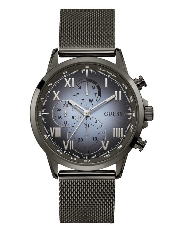 Obsidian Men's Guess Gunmetal And Blue Mesh Multifunctional Watches Australia Sale | 970DLGUMI