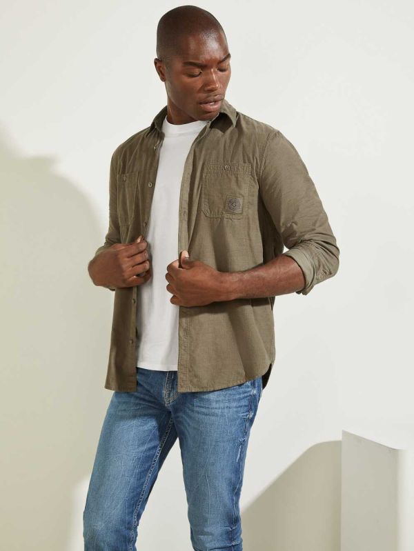 Olive Men's Guess Collins Corduroy Shirts Australia Sale | 948UNCARG