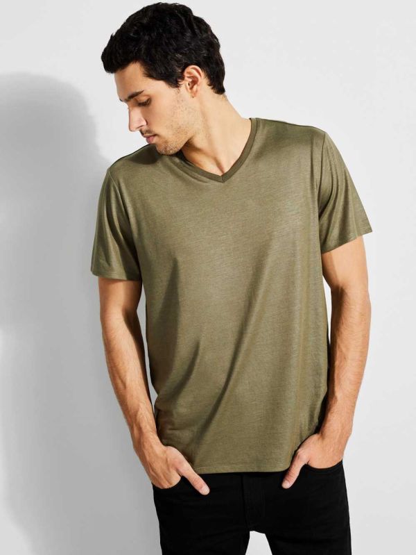 Olive Men's Guess Mason Yoke V-Neck T-shirt Australia Sale | 658YBESMT