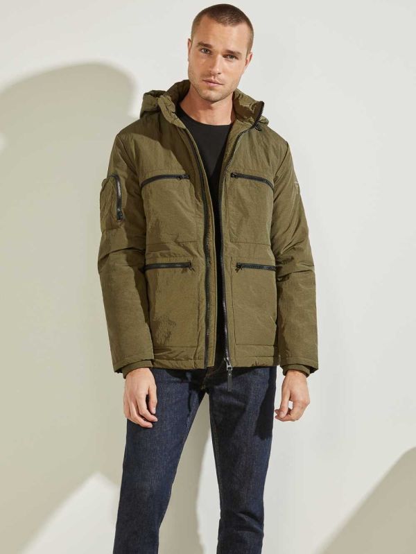 Olive Men's Guess Ross Hooded Puffer Jackets Australia Sale | 045AFEGZD