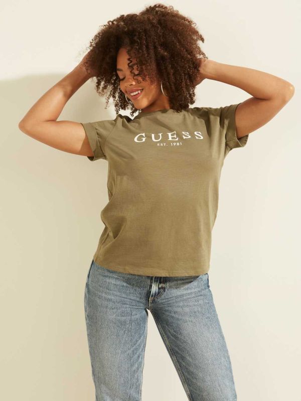 Olive Women's Guess Eco 1981 Rolled Cuff Logo T-shirt Australia Sale | 248AHEFJG