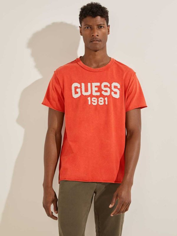 Orange Men's Guess Eco Raw Patchwork Logo T-shirt Australia Sale | 217VHOQPI