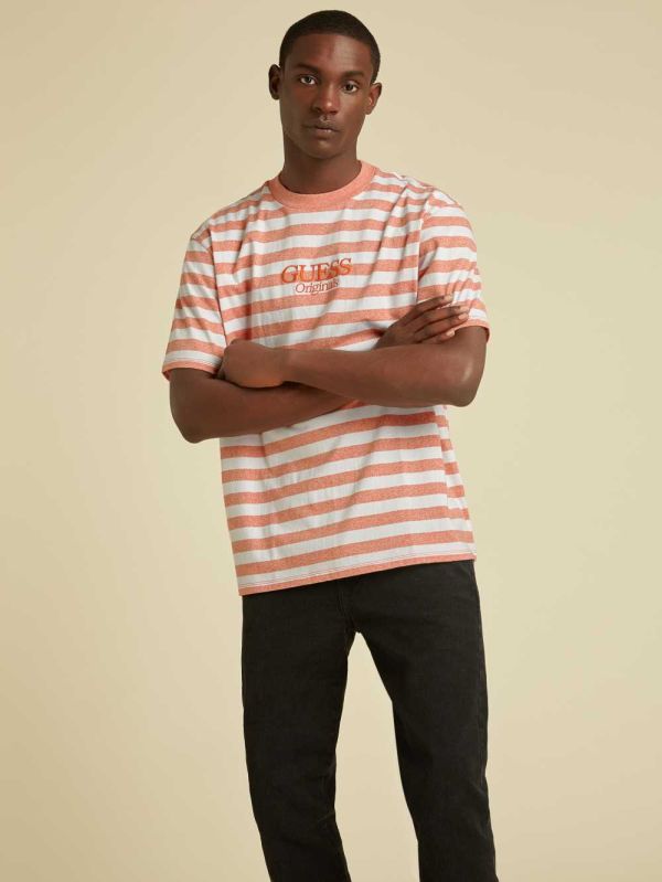 Orange Men's Guess Originals Striped T-shirt Australia Sale | 921VCYMKL