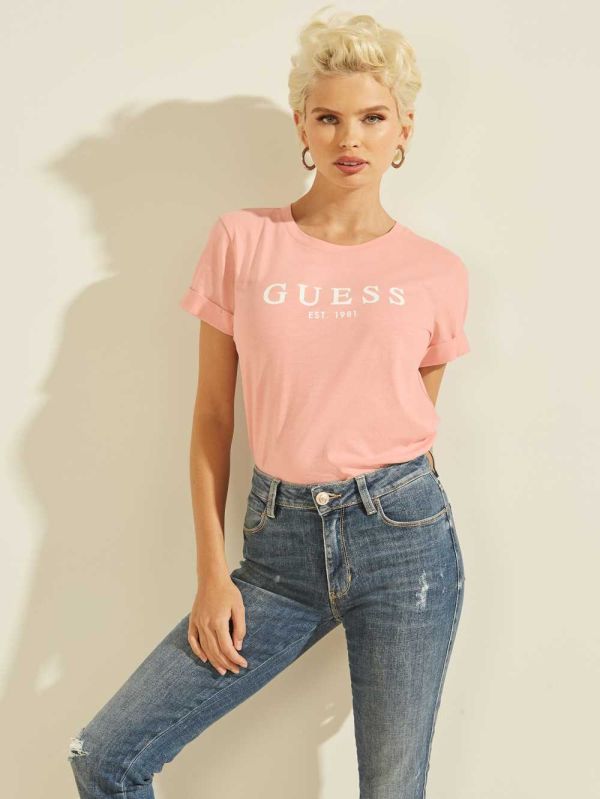 Pink Women's Guess Eco 1981 Rolled Cuff Logo T-shirt Australia Sale | 162APJNCD