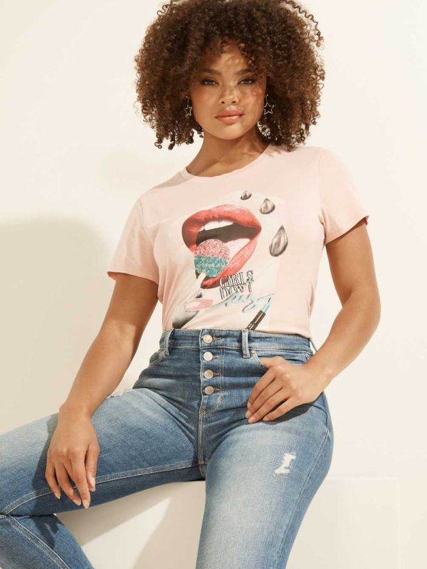 Pink Women's Guess Lip Glitter Pop Easy T-shirt Australia Sale | 329BKLNRX