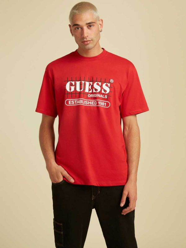 Red Men's Guess Originals Grid T-shirt Australia Sale | 032HRNCOK