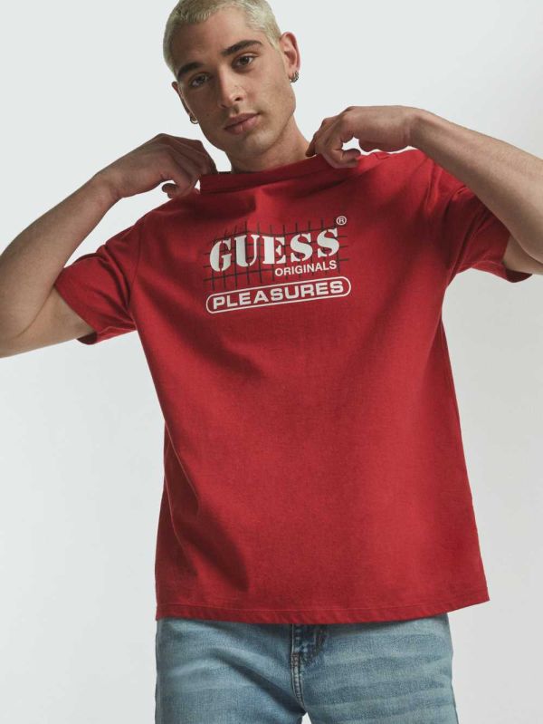 Red Men's Guess Originals x PLEASURES Logo T-shirt Australia Sale | 149IJKQVE