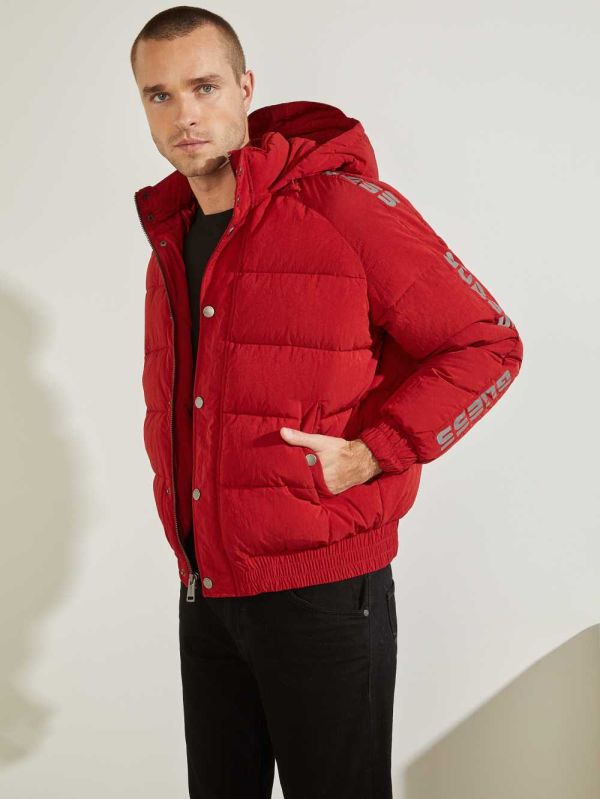 Red Men's Guess Summit Nylon Ski Puffer Jackets Australia Sale | 987GANESM