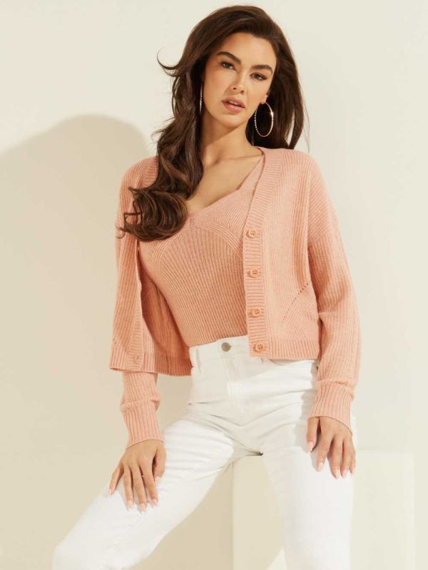 Rose Women's Guess Serena Cable Knit Cardigan Australia Sale | 648ZJIWFK