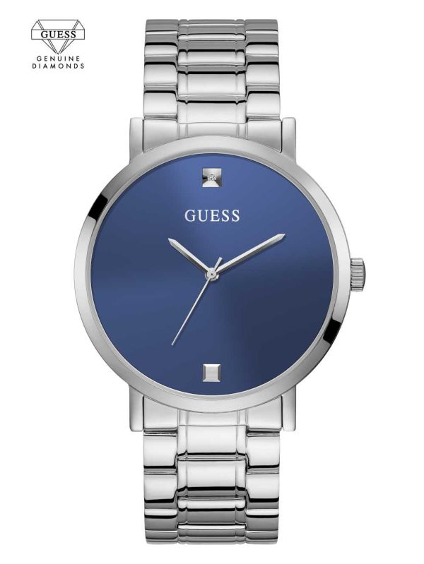 Silver Men's Guess Silver-Tone And Blue Diamond Analog Watches Australia Sale | 481YMRQPI