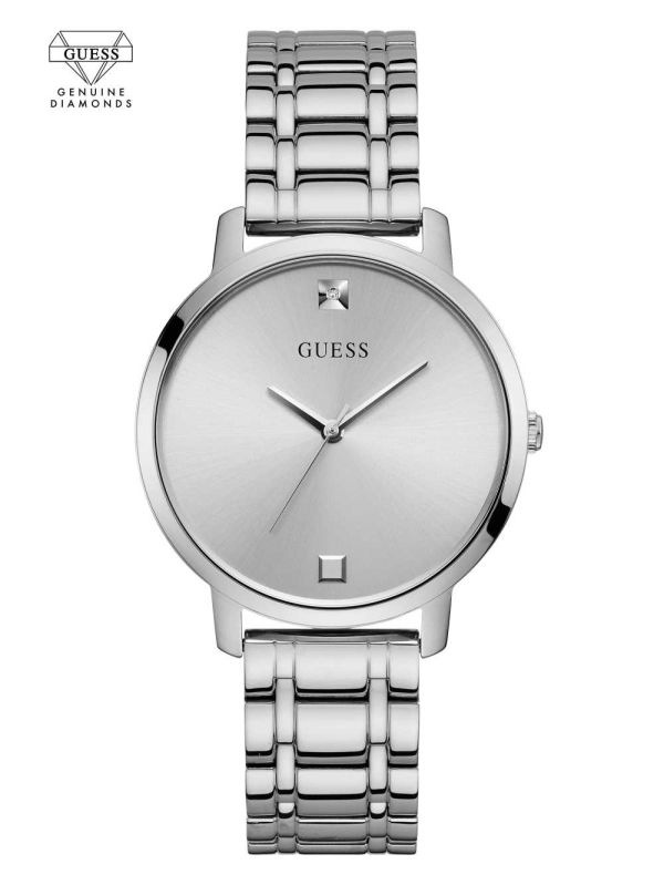 Silver Men's Guess Silver-Tone Diamond Analog Watches Australia Sale | 053VTALES