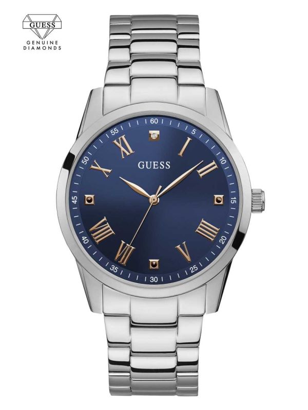 Silver Men's Guess Silver-Tone Diamond Analog Watches Australia Sale | 753VTGCYL