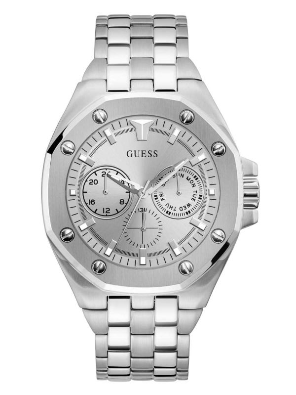 Silver Men's Guess Silver-Tone Multifunction Watches Australia Sale | 028QLGCYT