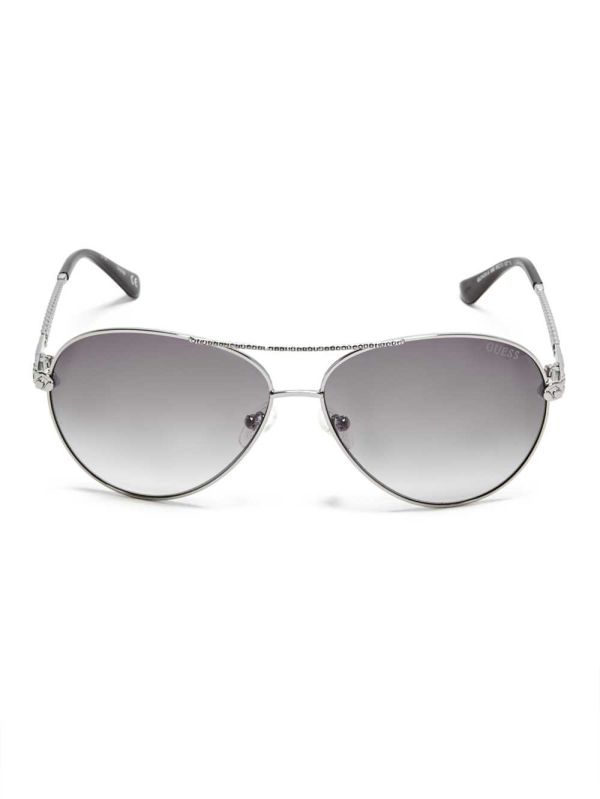 Silver Women's Guess Catherine Rhinestone Aviator Sunglasses Australia Sale | 089RAMUGK