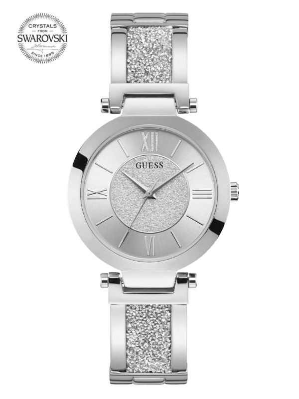 Silver Women's Guess Silver-Tone Crystal Bangle Analog Watches Australia Sale | 249COKSAL