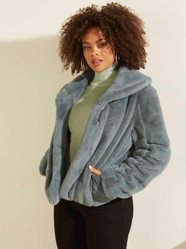 Turquoise Women's Guess Sophy Faux-Fur Jackets Australia Sale | 270SGKIXY