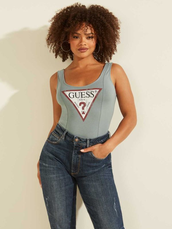 Turquoise Women's Guess Triangle Logo Bodysuit Australia Sale | 732QGRAJZ