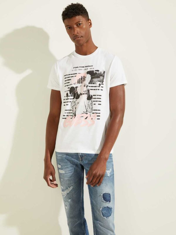 White Men's Guess Eco Night Graffiti T-shirt Australia Sale | 437SKDPUA