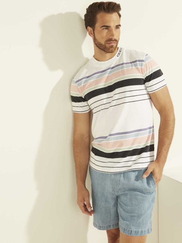 White Men's Guess Eli Acid Wash Stripe T-shirt Australia Sale | 637HBDNRF