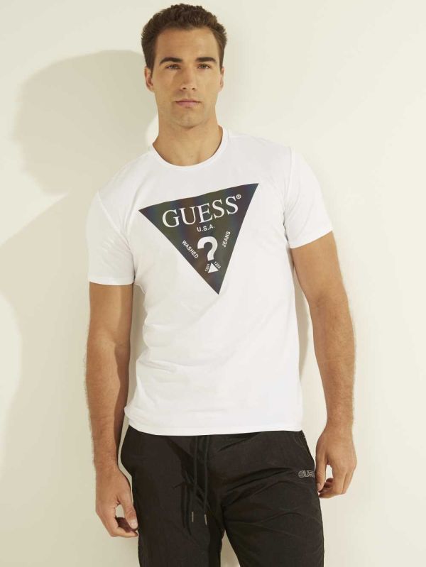 White Men's Guess Iridescent Logo Graphic T-shirt Australia Sale | 925MYWNSR