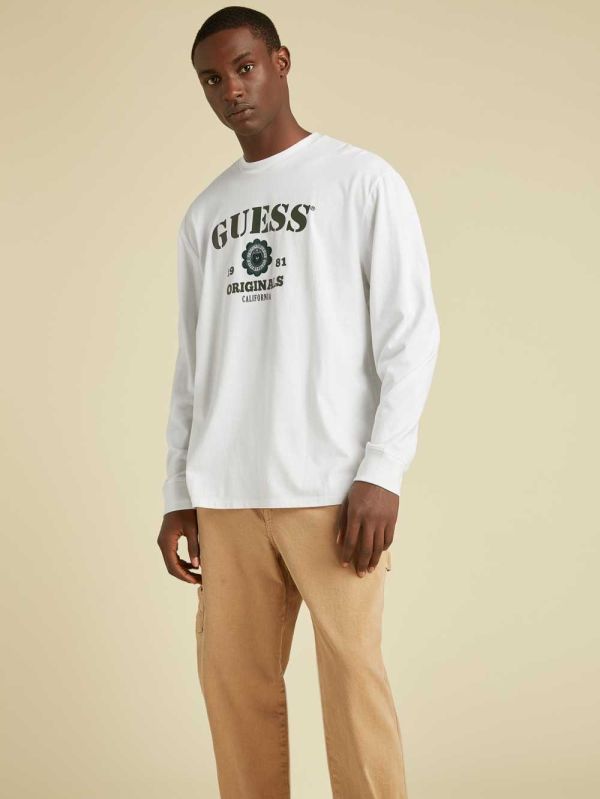 White Men's Guess Originals Logo Long Sleeve T-shirt Australia Sale | 908KCMGVO