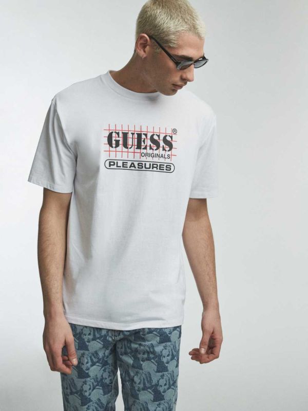 White Men's Guess Originals x PLEASURES Logo T-shirt Australia Sale | 207LHSIJW