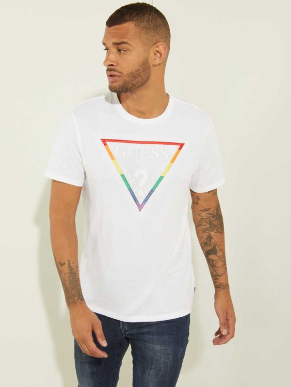 White Multicolor Men's Guess Embroidered Rainbow Logo T-shirt Australia Sale | 895QFRVHO