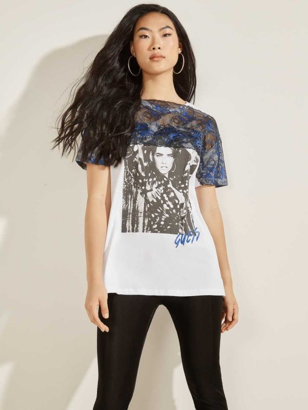 White Women's Guess Elaia T-shirt Australia Sale | 891ICGNOZ