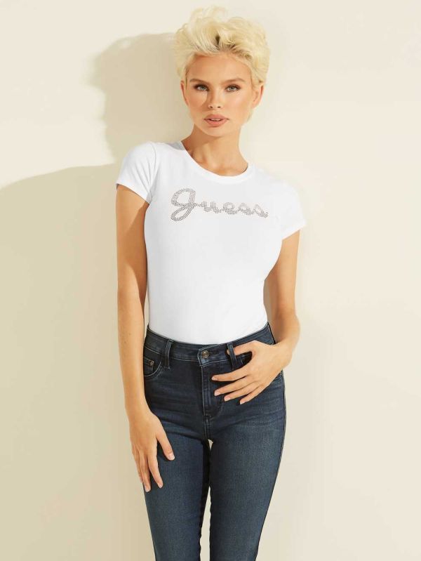 White Women's Guess Split Script Logo T-shirt Australia Sale | 089IDWCRQ